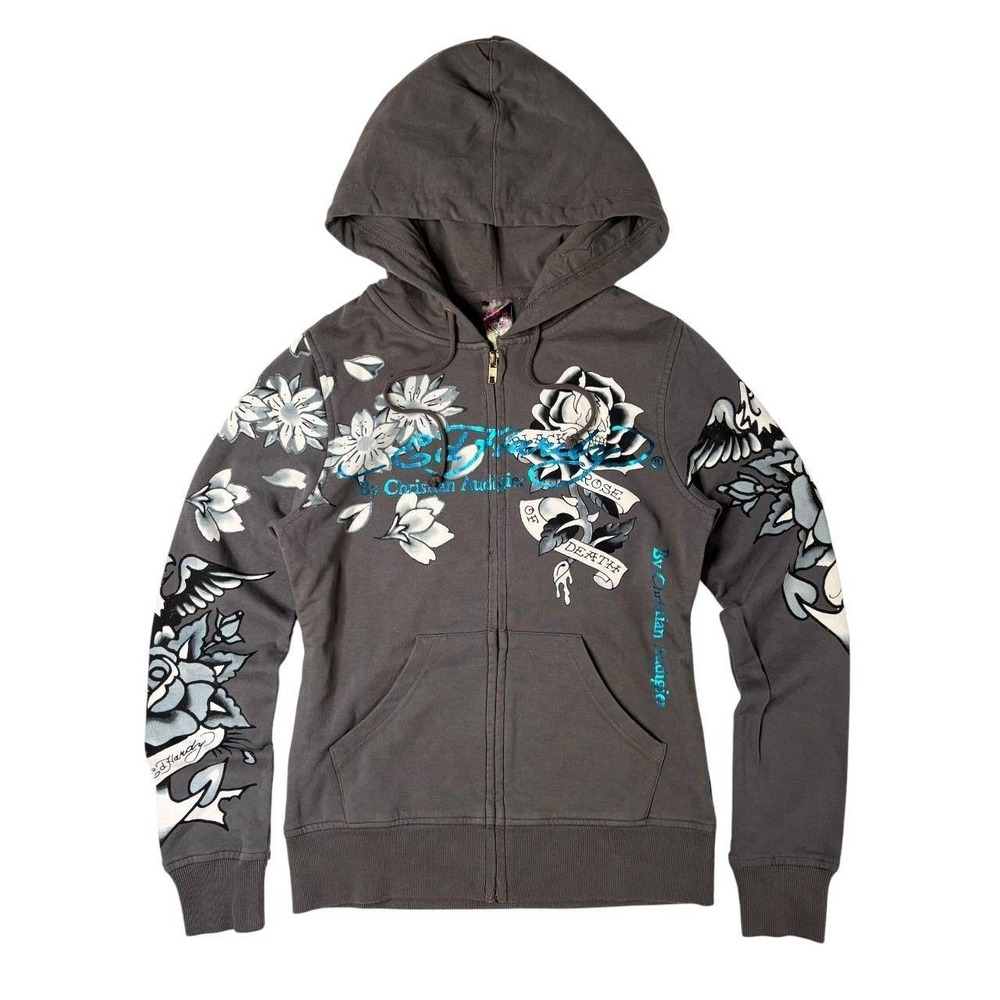 Ed Hardy vintage grungy graphic zip up hoodie